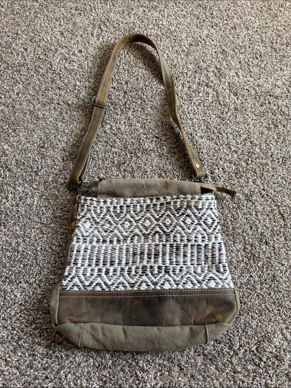 Myra Bag Neutral Woven Pattern Crossbody Bag - Olive/Gray. Some denim rub stain